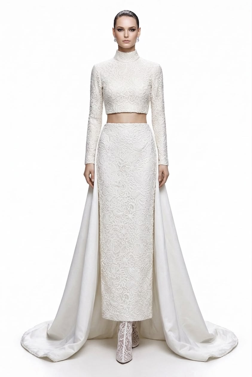 Ivory Lace Two-Piece with Detachable Train - front