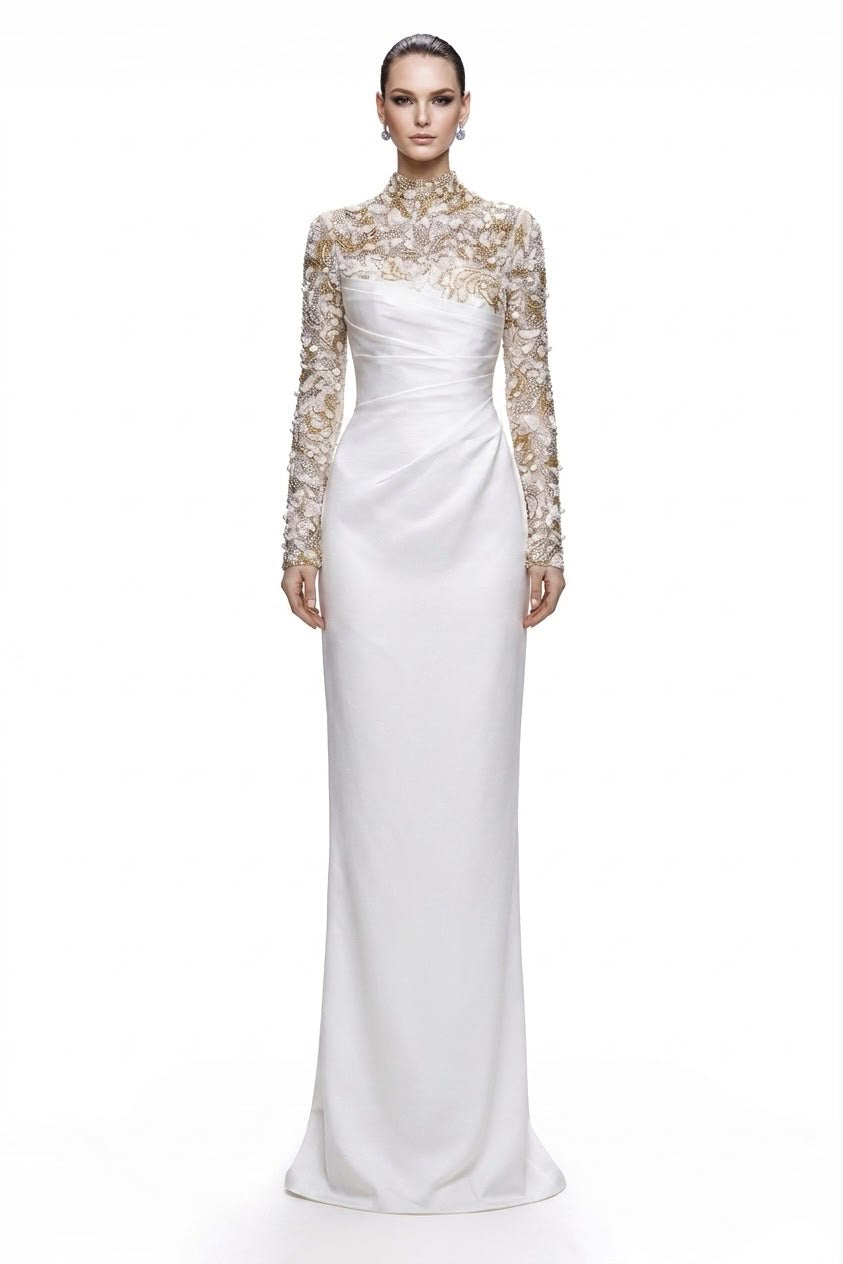 Pearl-Embroidered Illusion Column Gown - front
