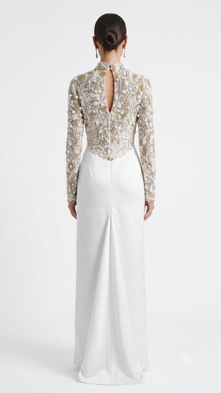 Pearl-Embroidered Illusion Column Gown - back
