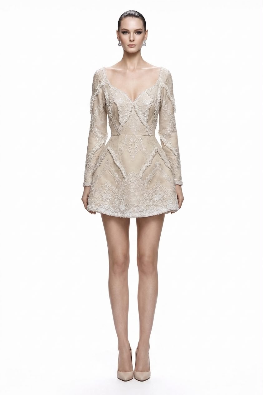Champagne Lace Long-Sleeve Mini - front
