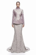 Lilac Peplum & Silver Lace Mermaid Gown - front