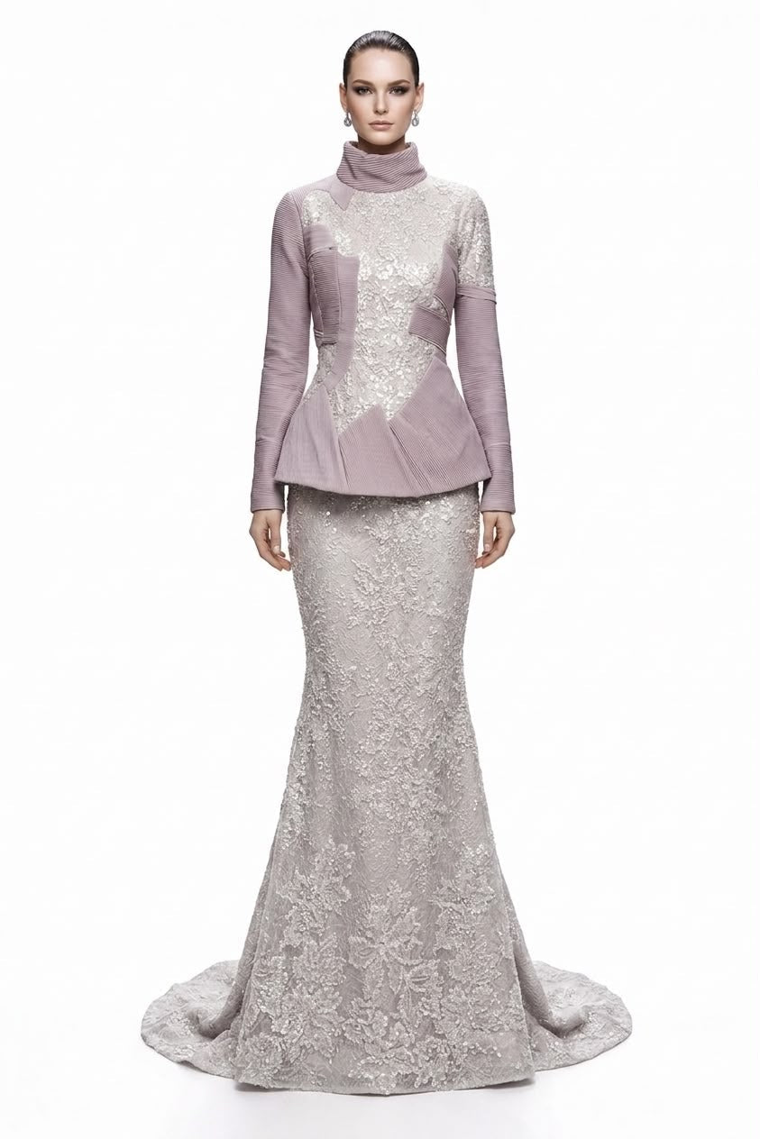 Lilac Peplum & Silver Lace Mermaid Gown - front