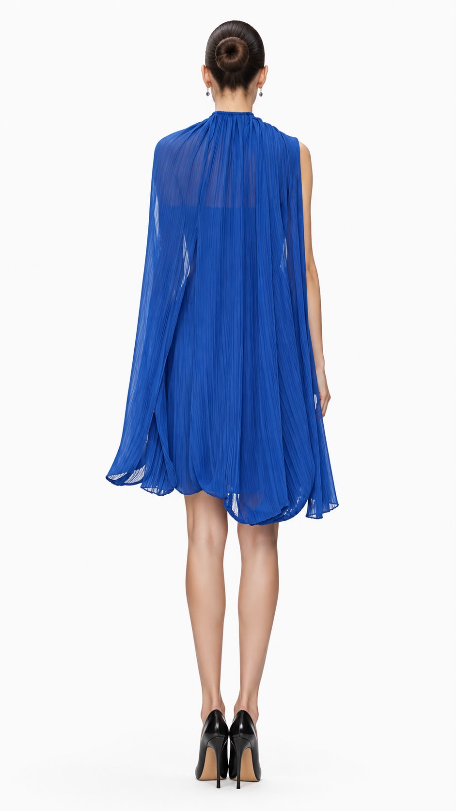 Cobalt Pleated Chiffon Cape Dress - back