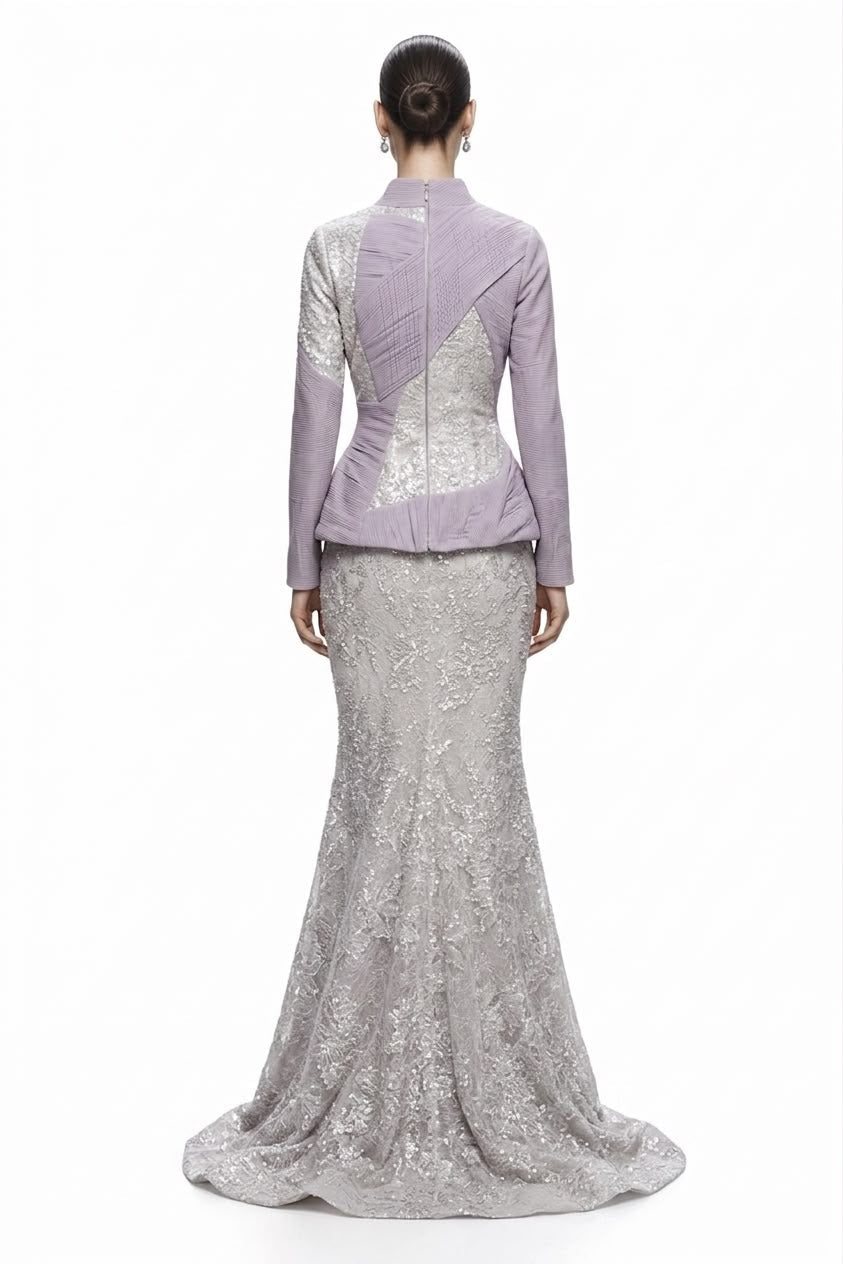 Lilac Peplum & Silver Lace Mermaid Gown - back