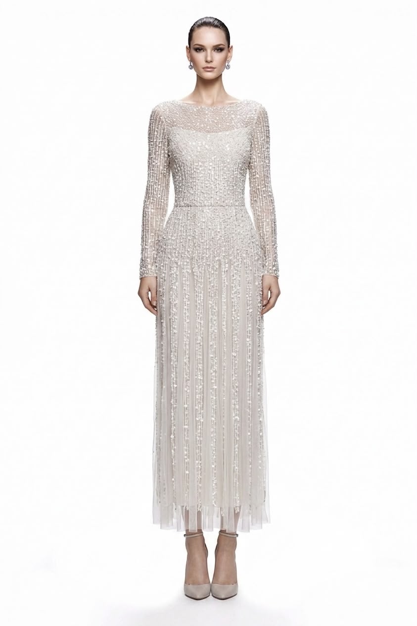 Silver Beaded Fringe Tea-Length Gown - front