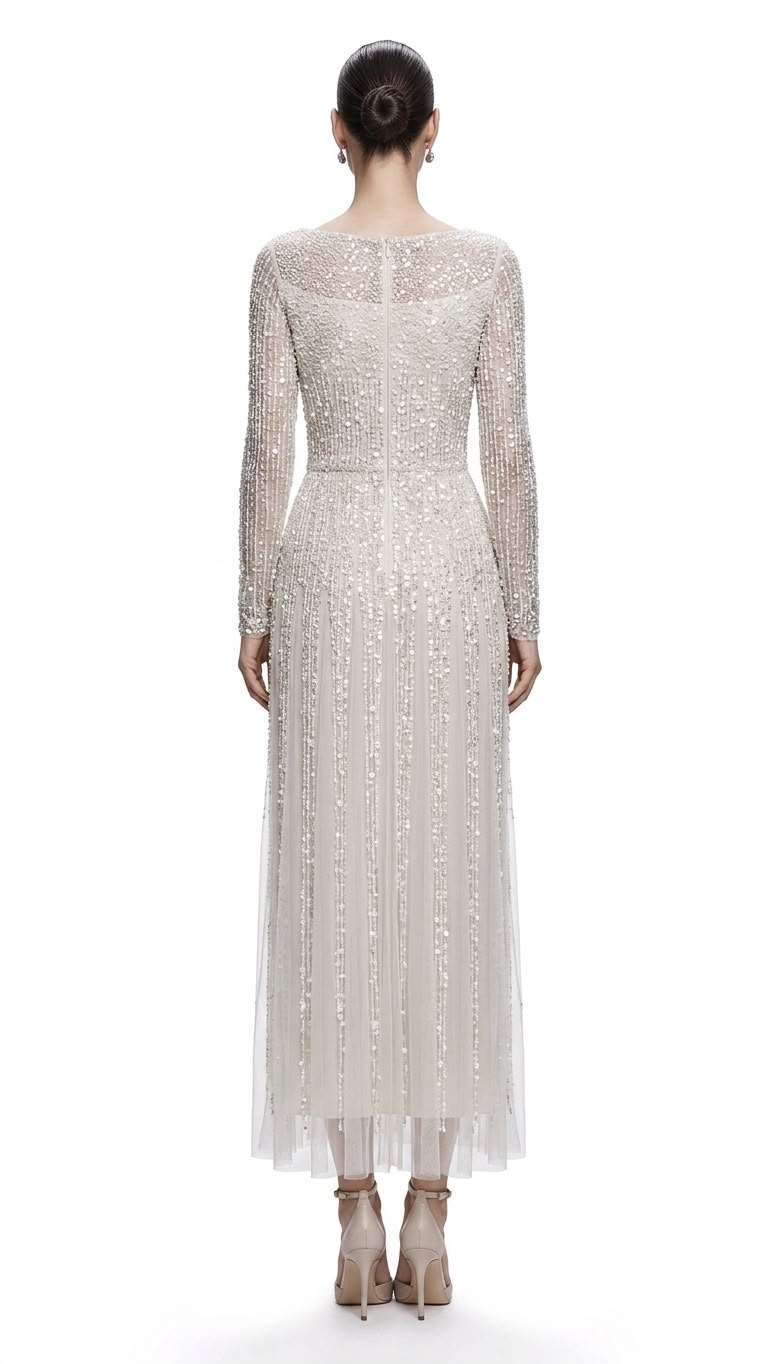 Silver Beaded Fringe Tea-Length Gown - back