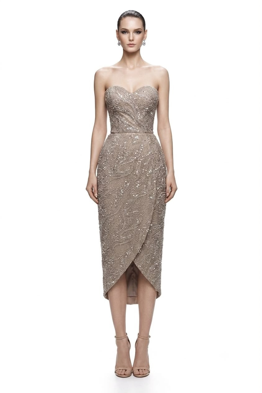 Champagne Beaded Wrap Cocktail Dress - front