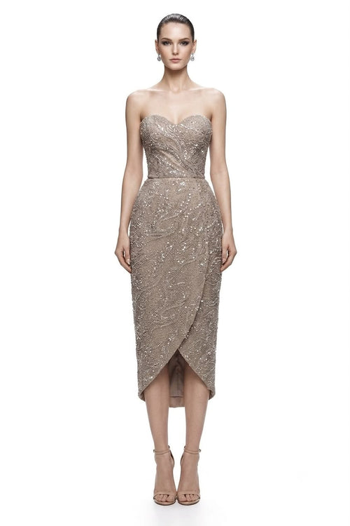 Champagne Beaded Wrap Cocktail Dress - front