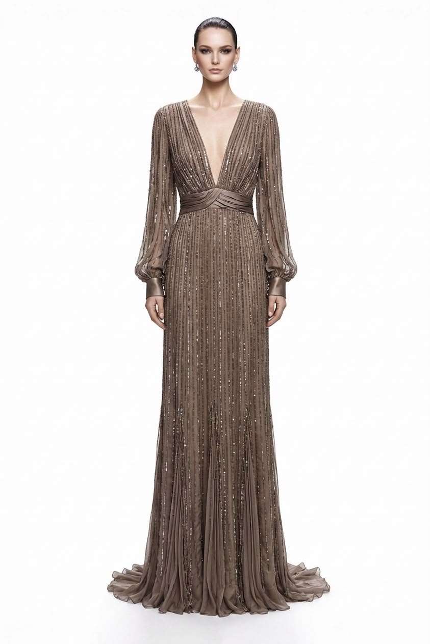 Mink Beaded Plunge Gown - front