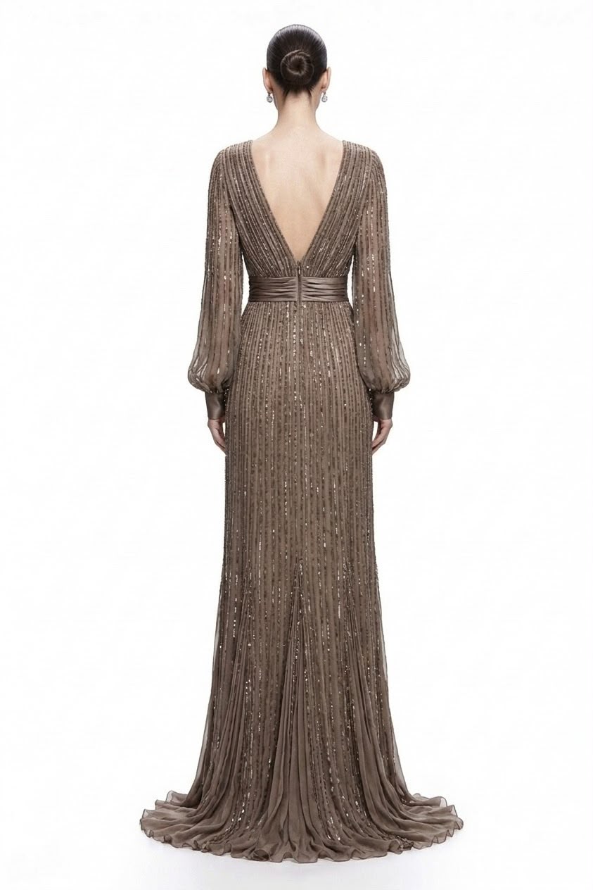 Mink Beaded Plunge Gown - back