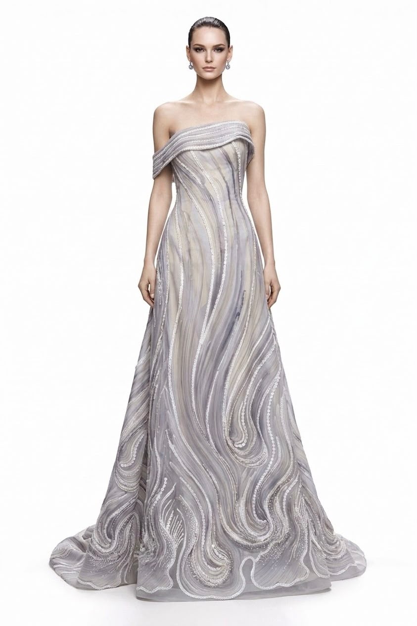 Iridescent Swirl Off-Shoulder Gown - front
