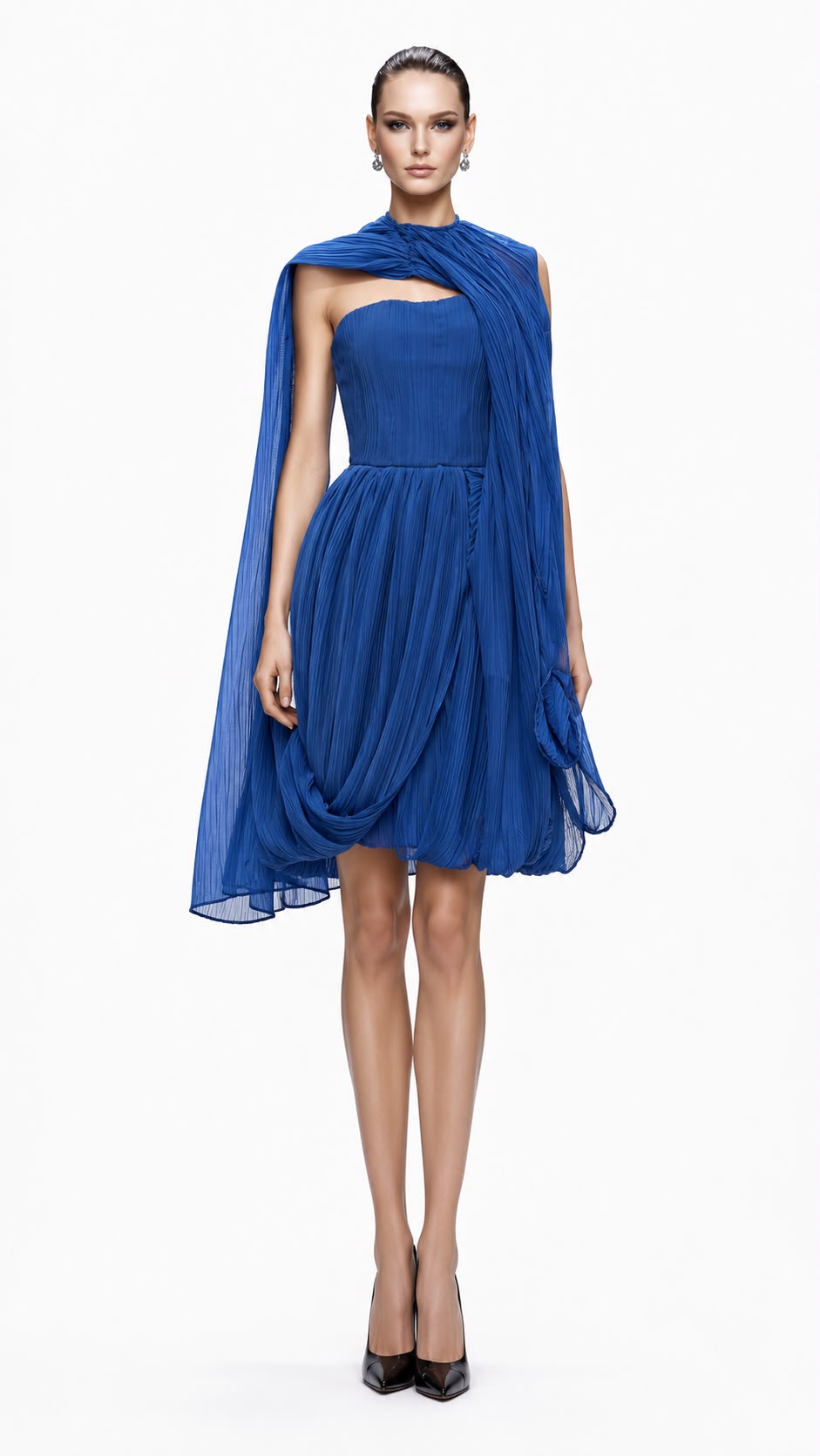Cobalt Pleated Chiffon Cape Dress - front