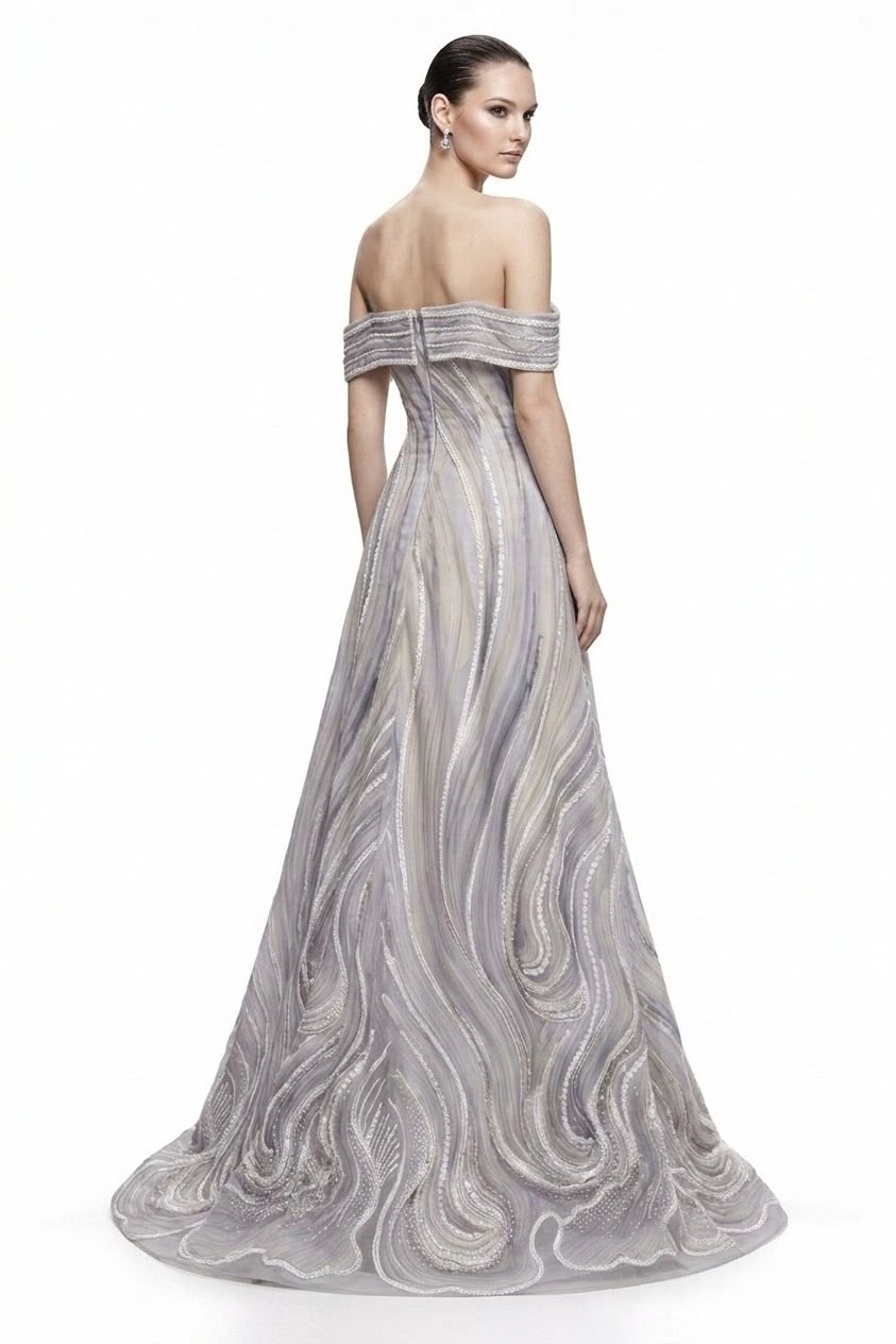 Iridescent Swirl Off-Shoulder Gown - back