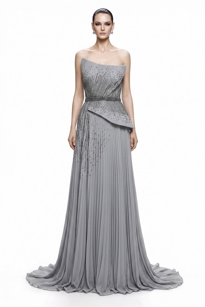 Silver Pleated Asymmetric Gown - front