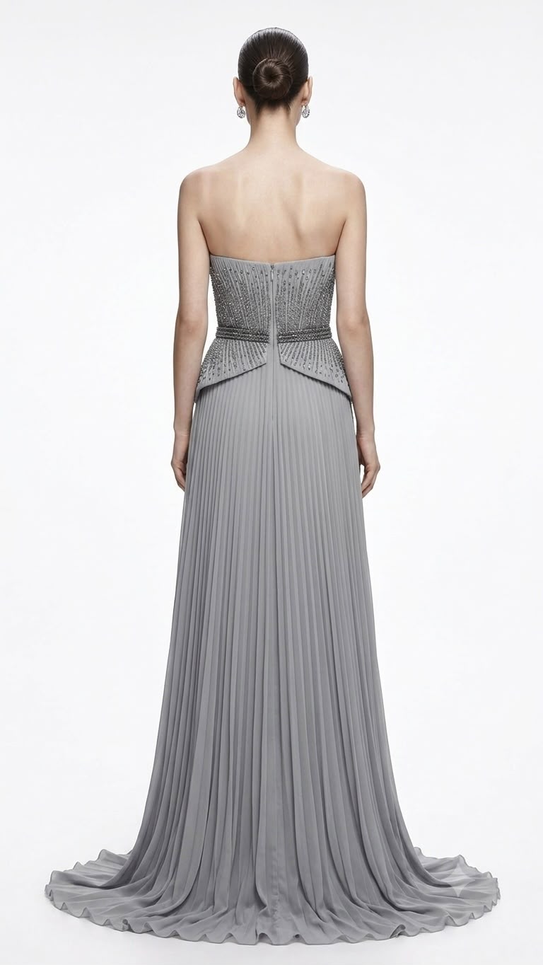 Silver Pleated Asymmetric Gown - back