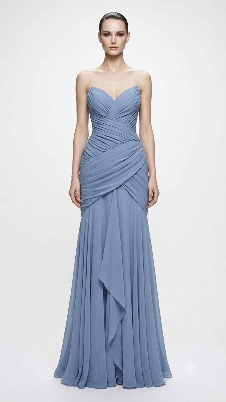 Dusty Blue Ruched Mermaid Gown - front