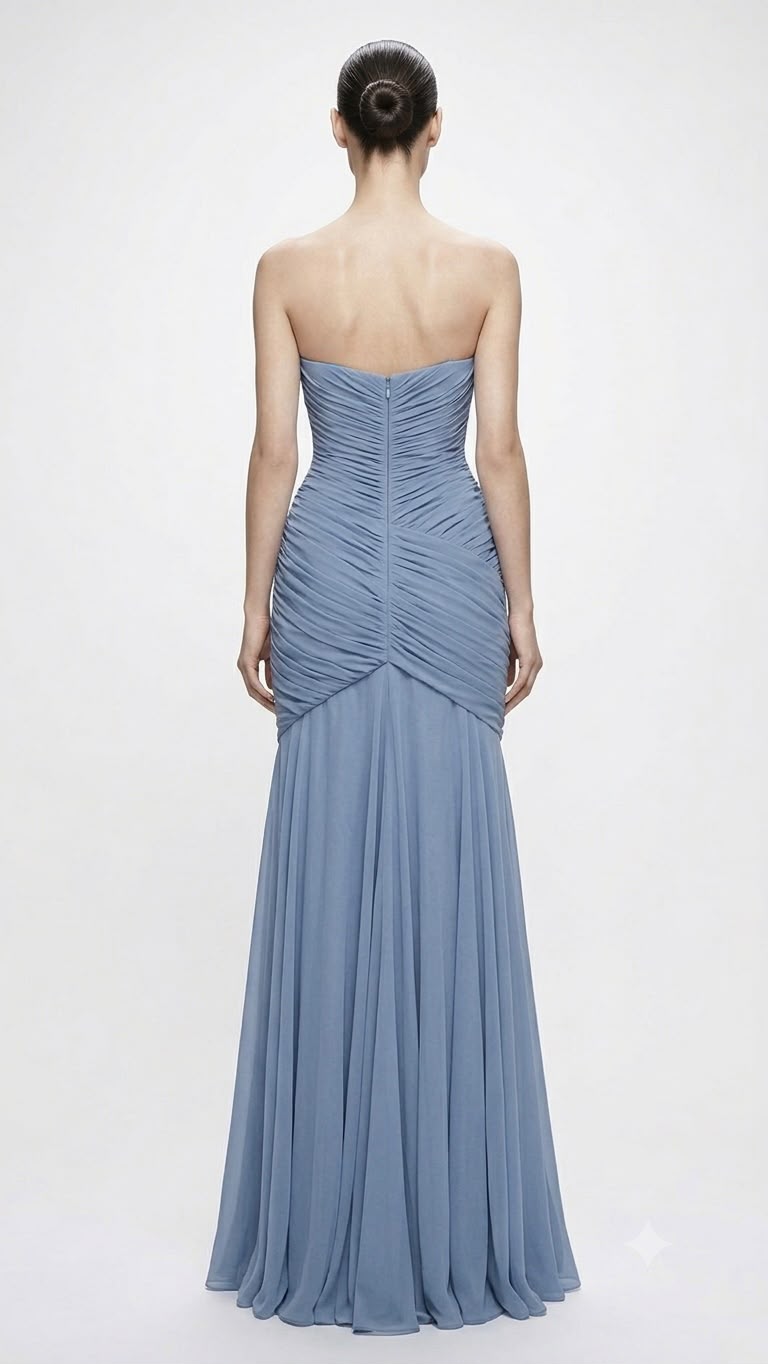 Dusty Blue Ruched Mermaid Gown - back