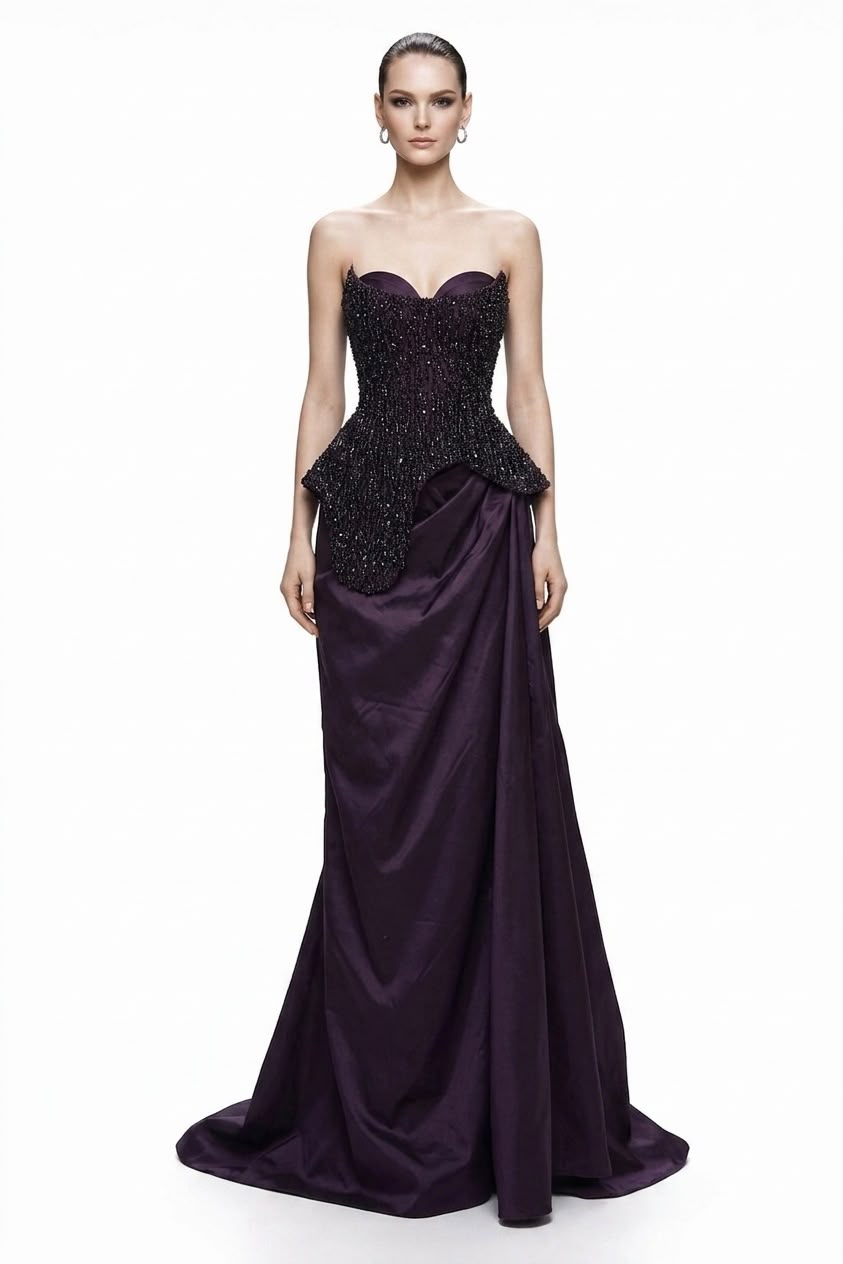 Aubergine Beaded Corset Gown - front
