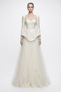 Ivory Beaded Peplum Tulle Ball Gown - front