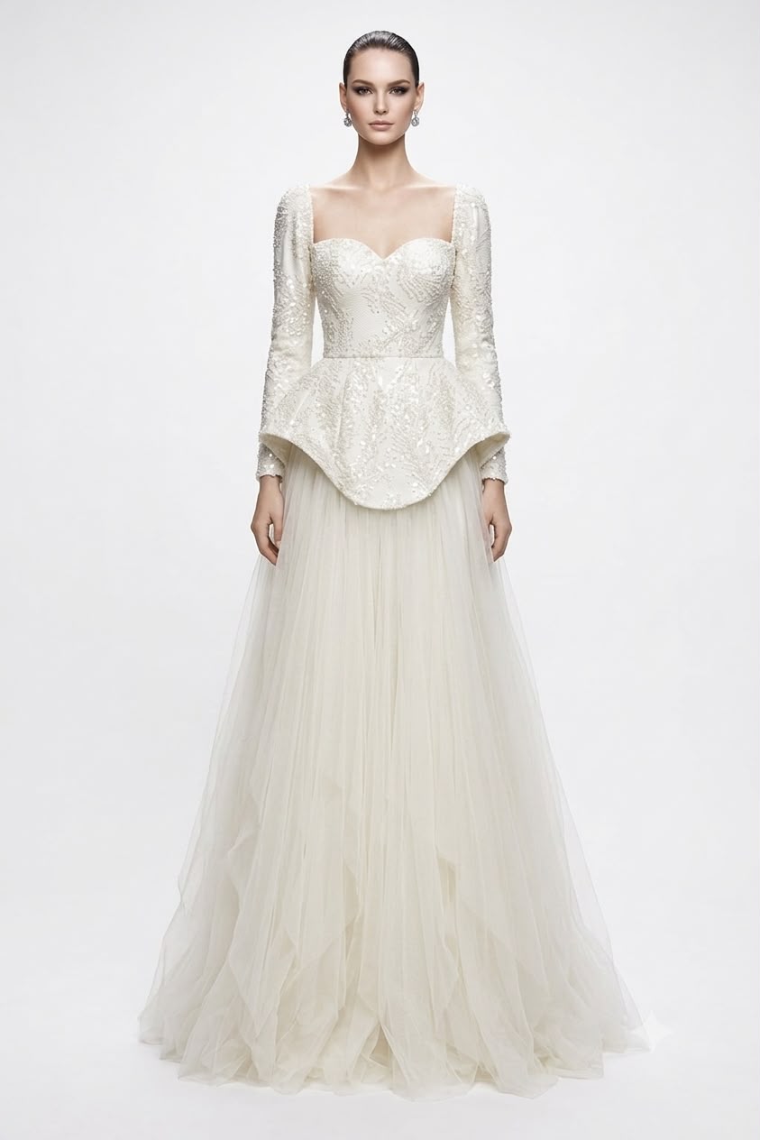 Ivory Beaded Peplum Tulle Ball Gown - front