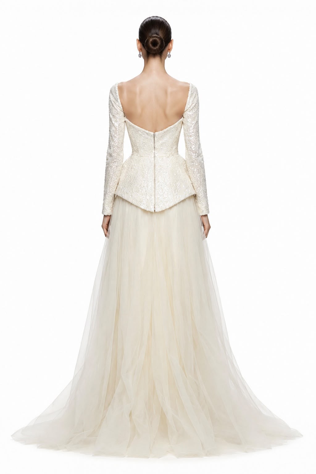 Ivory Beaded Peplum Tulle Ball Gown - back