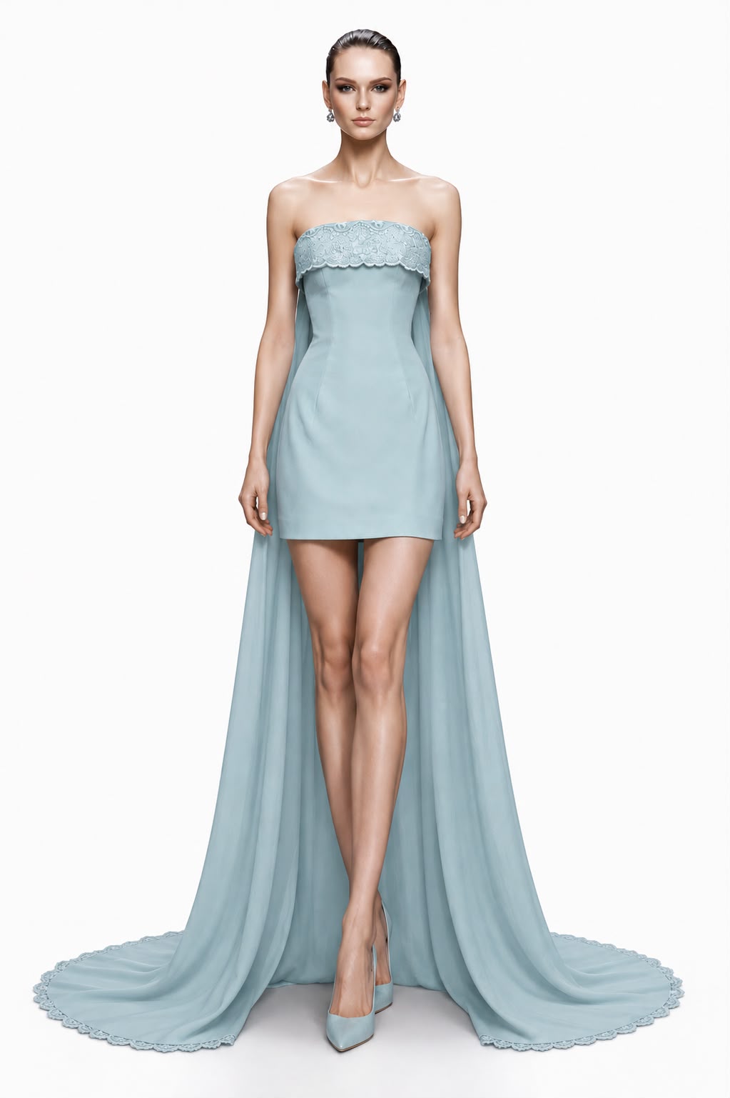 Sage Strapless Mini with Chiffon Train - front