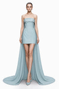 Sage Strapless Mini with Chiffon Train - front