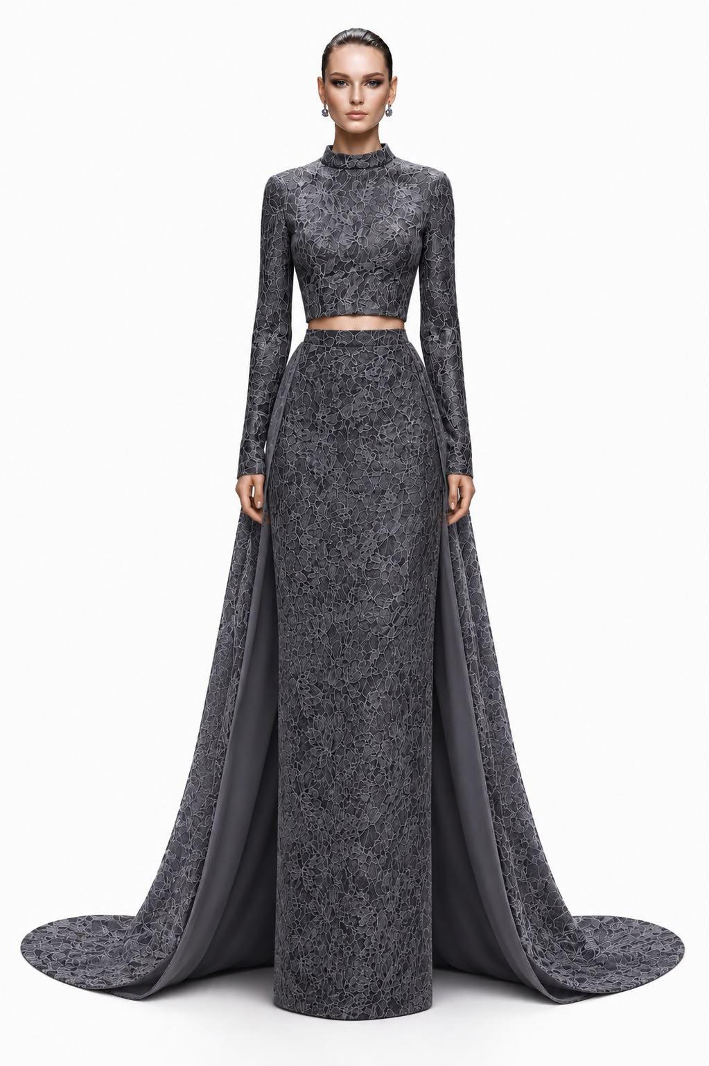Charcoal Lace Two-Piece with Cape Train - front