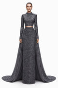 Charcoal Lace Two-Piece with Cape Train - front