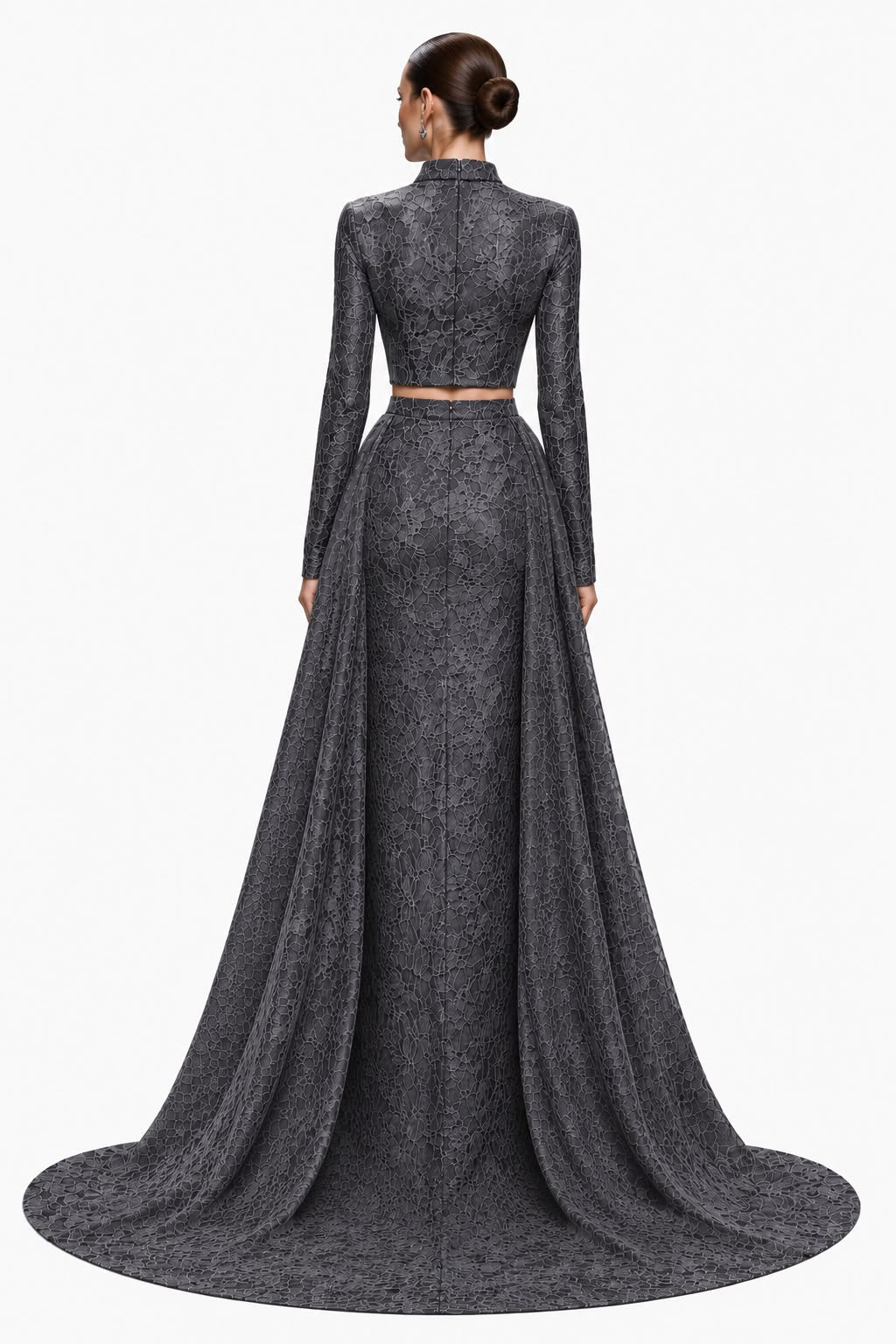 Charcoal Lace Two-Piece with Cape Train - back