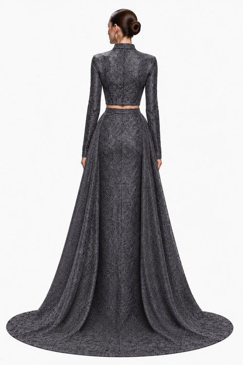 Charcoal Lace Two-Piece with Cape Train - back