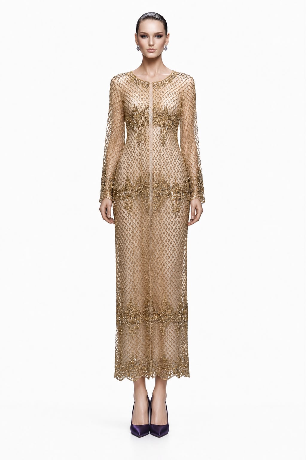 Gold Lattice Beaded Sheer Gown - front