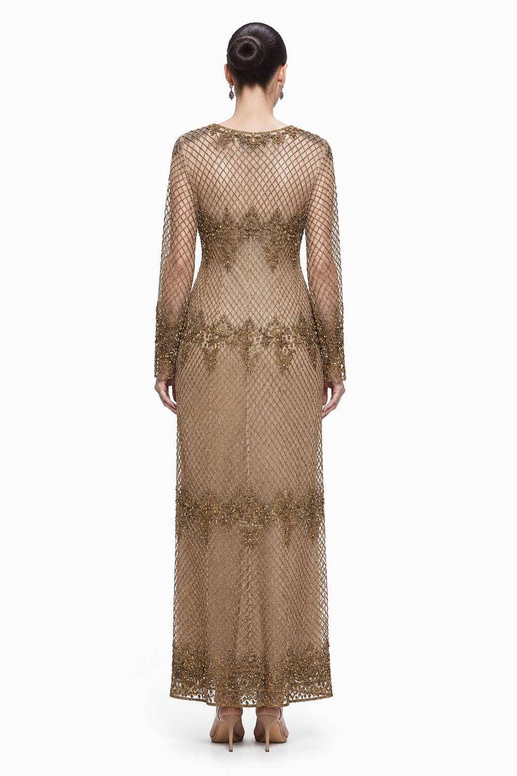 Gold Lattice Beaded Sheer Gown - back