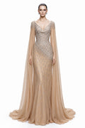 Champagne Beaded Cape-Sleeve Gown - front