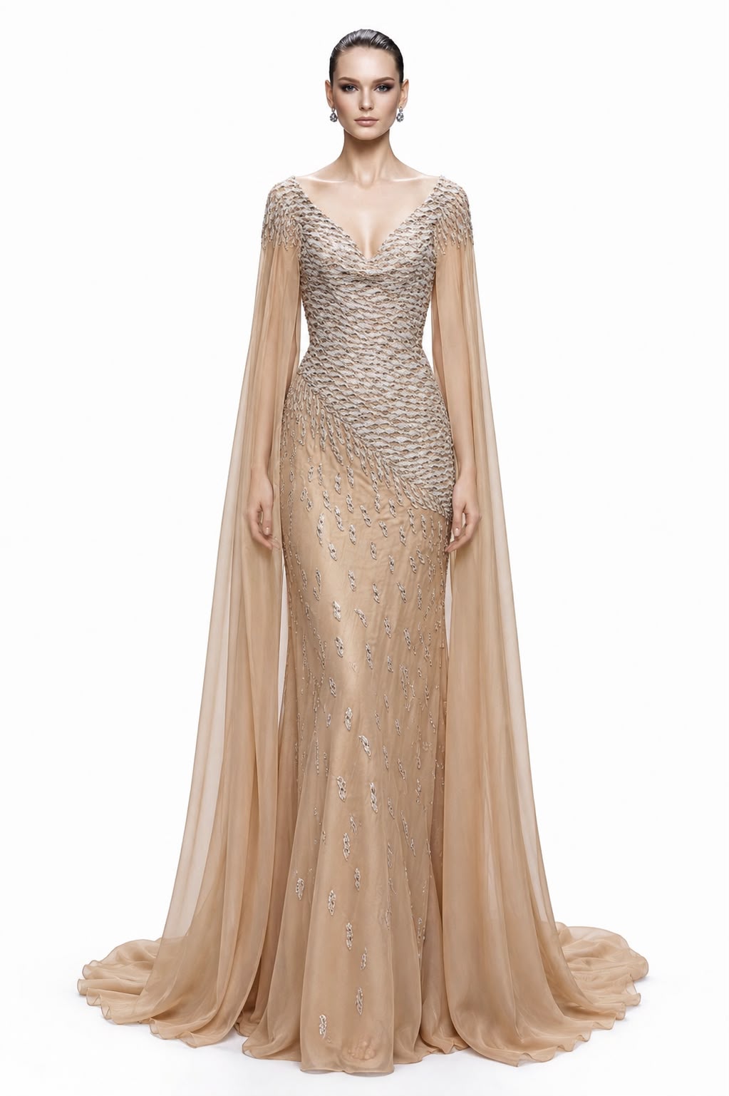 Champagne Beaded Cape-Sleeve Gown - front