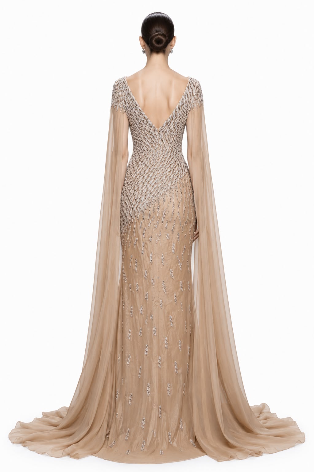 Champagne Beaded Cape-Sleeve Gown - back