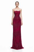 Wine Beaded Strapless Column Gown - front
