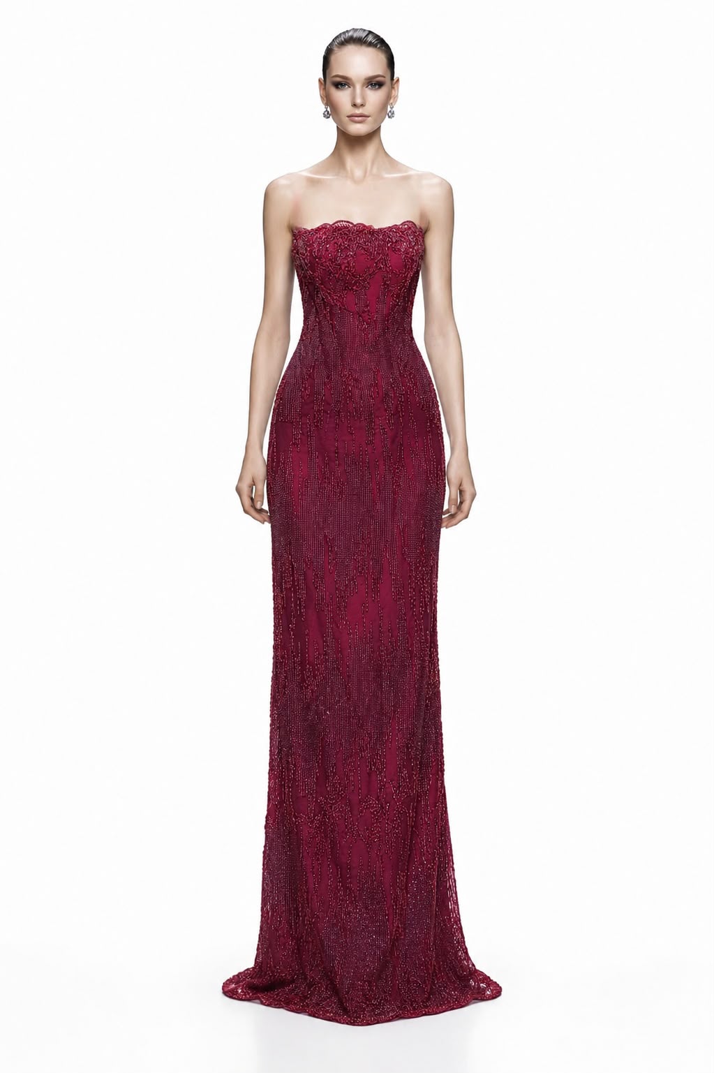 Wine Beaded Strapless Column Gown - front
