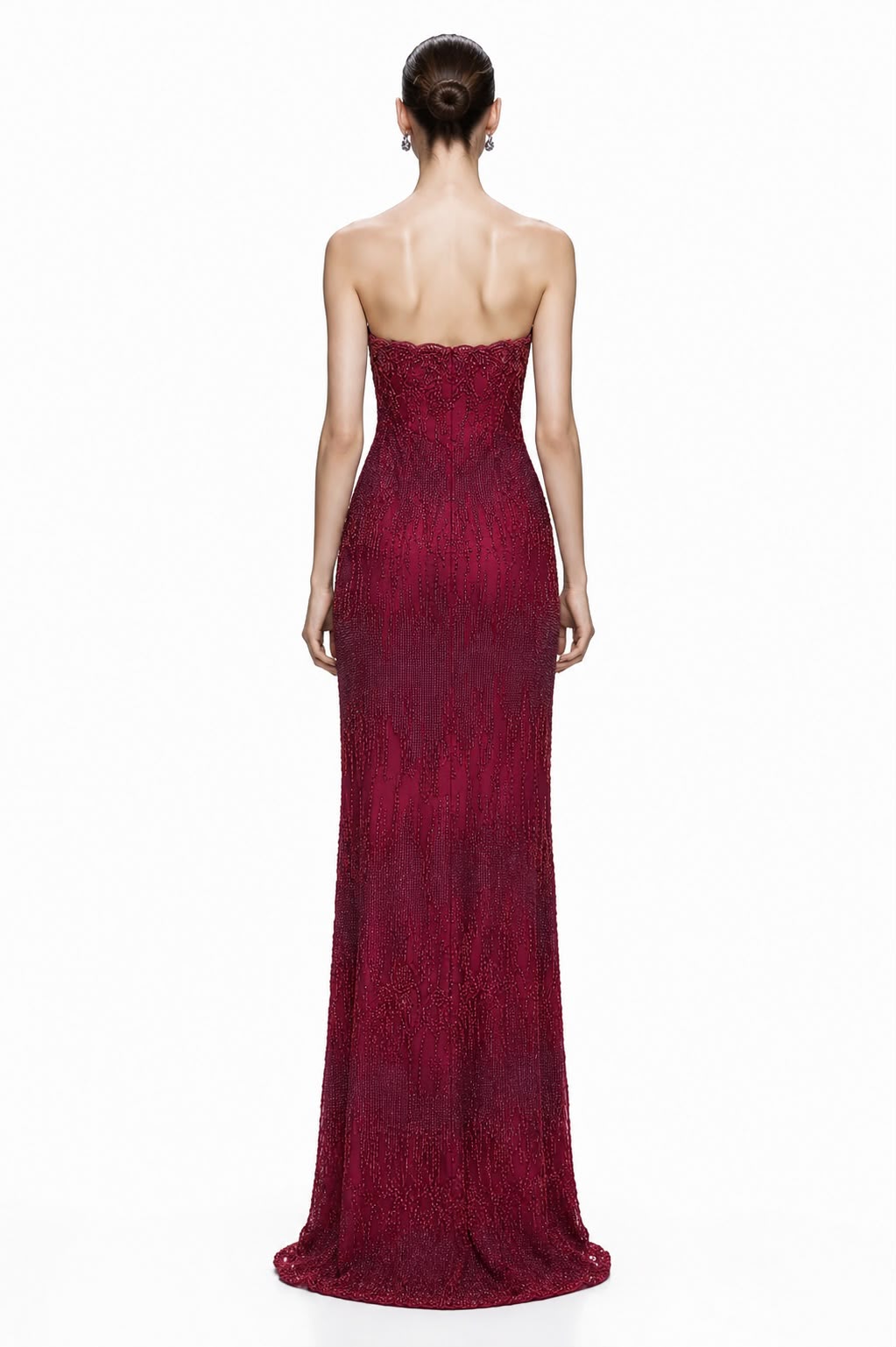 Wine Beaded Strapless Column Gown - back