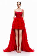 Crimson Tiered Tulle High-Low Gown - front