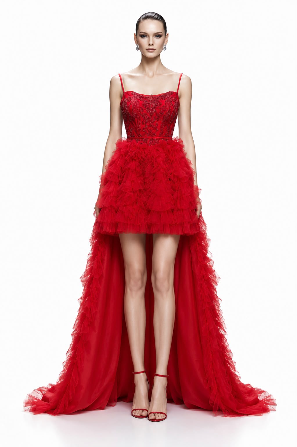 Crimson Tiered Tulle High-Low Gown - front