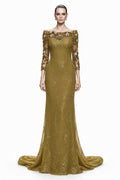 Olive Gold Off-Shoulder Lace Mermaid Gown - front