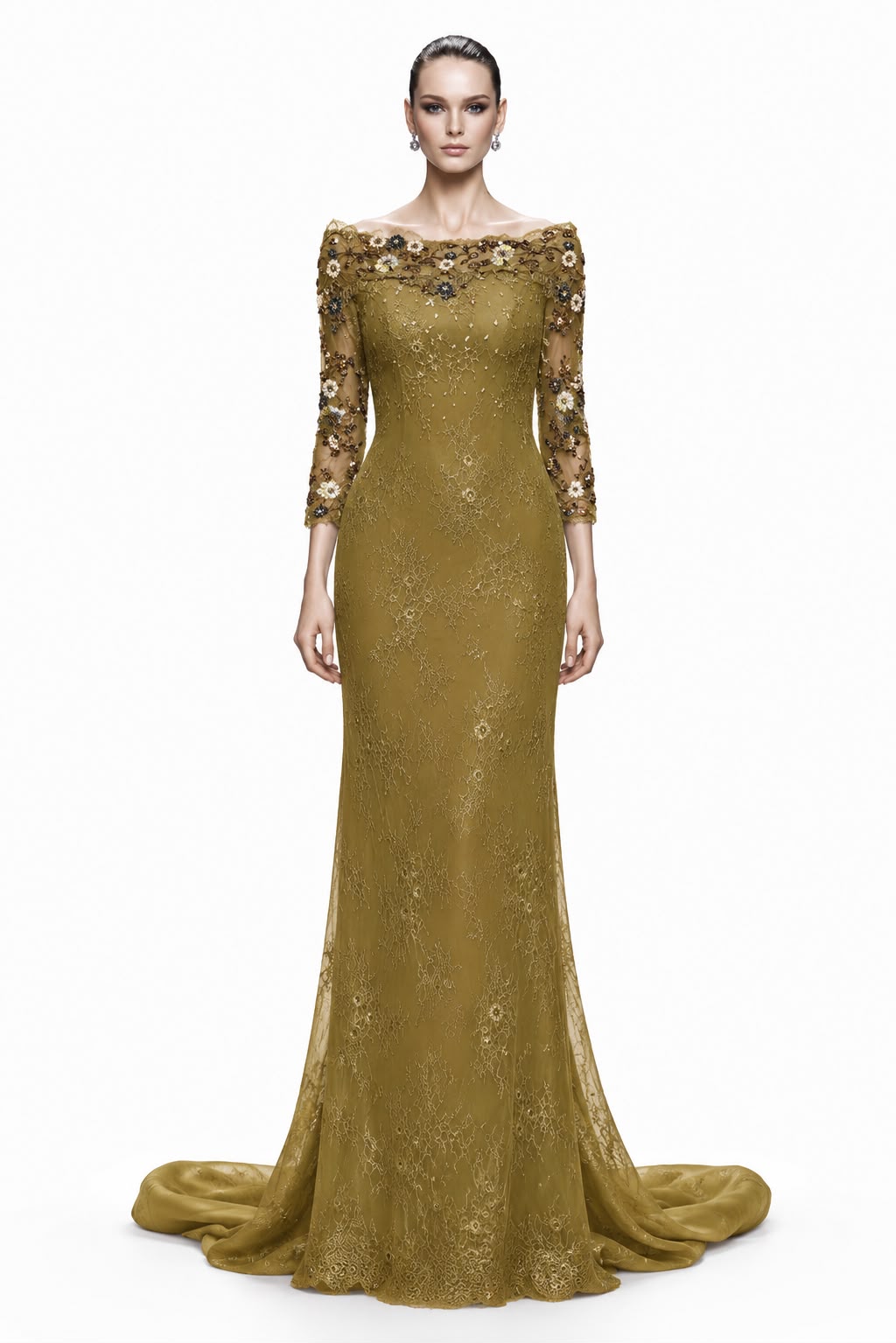 Olive Gold Off-Shoulder Lace Mermaid Gown - front