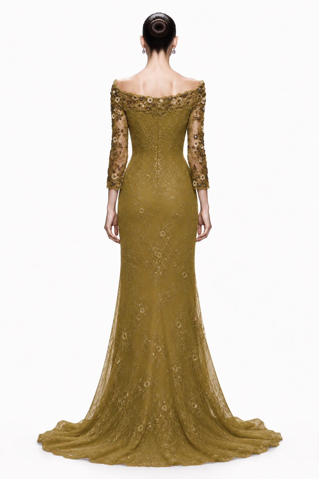 Olive Gold Off-Shoulder Lace Mermaid Gown - back