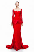 Red Lace Off-Shoulder Mermaid Gown - front