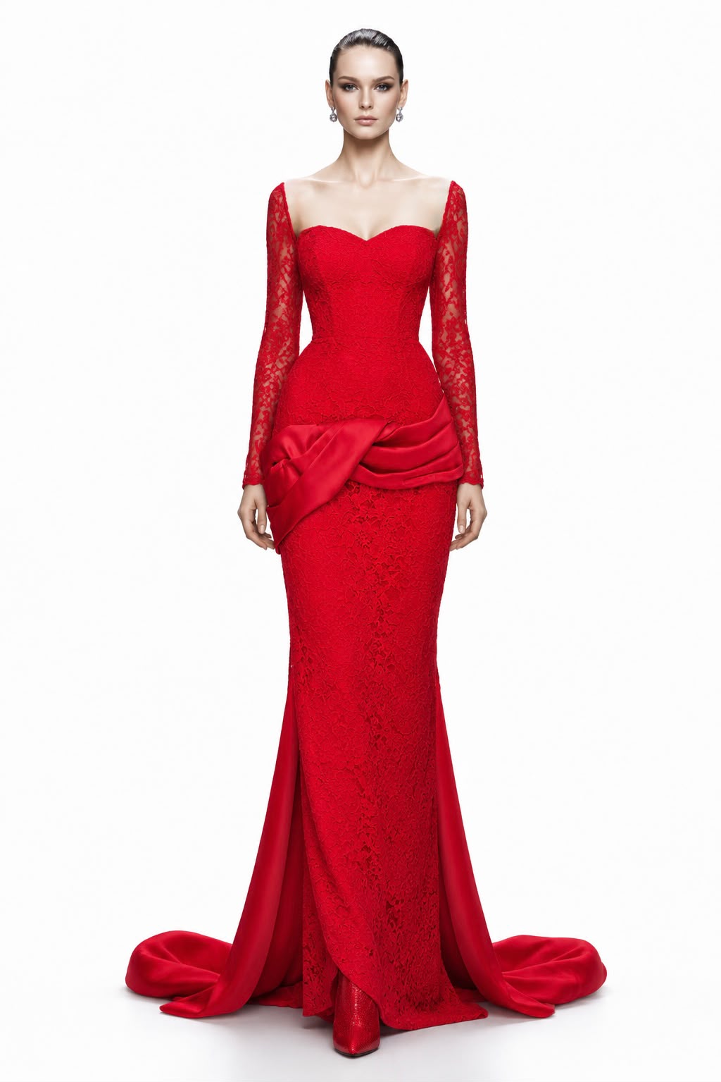 Red Lace Off-Shoulder Mermaid Gown - front