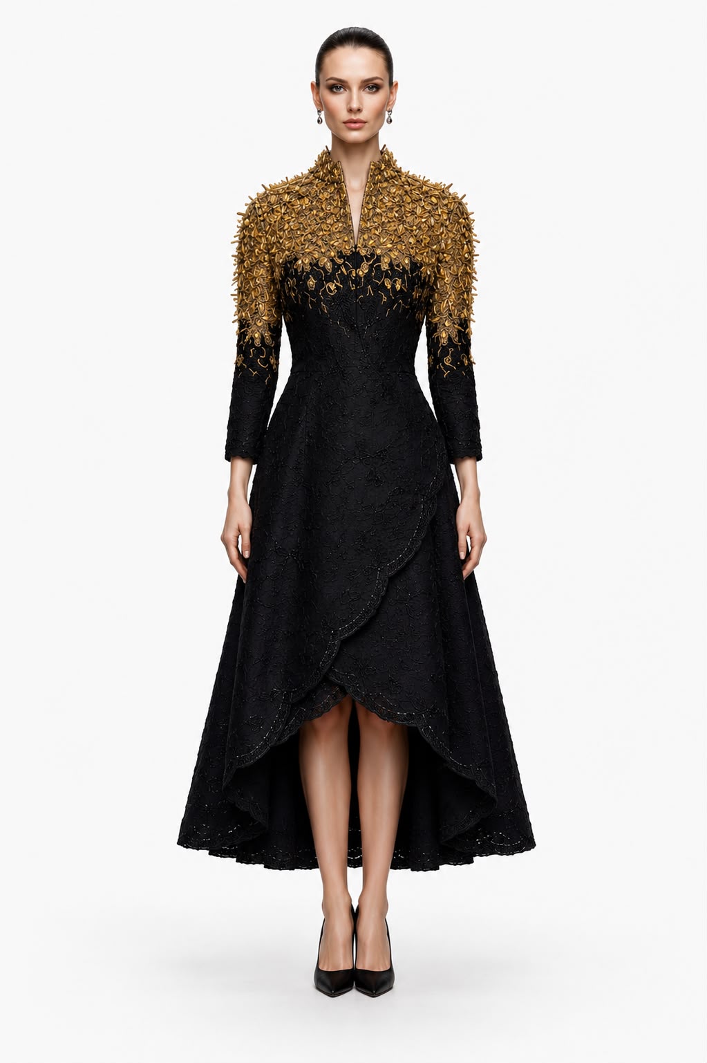 Black & Gold Embellished Tea-Length Dress - front