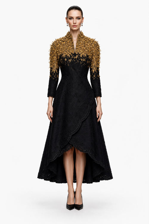 Black & Gold Embellished Tea-Length Dress - front