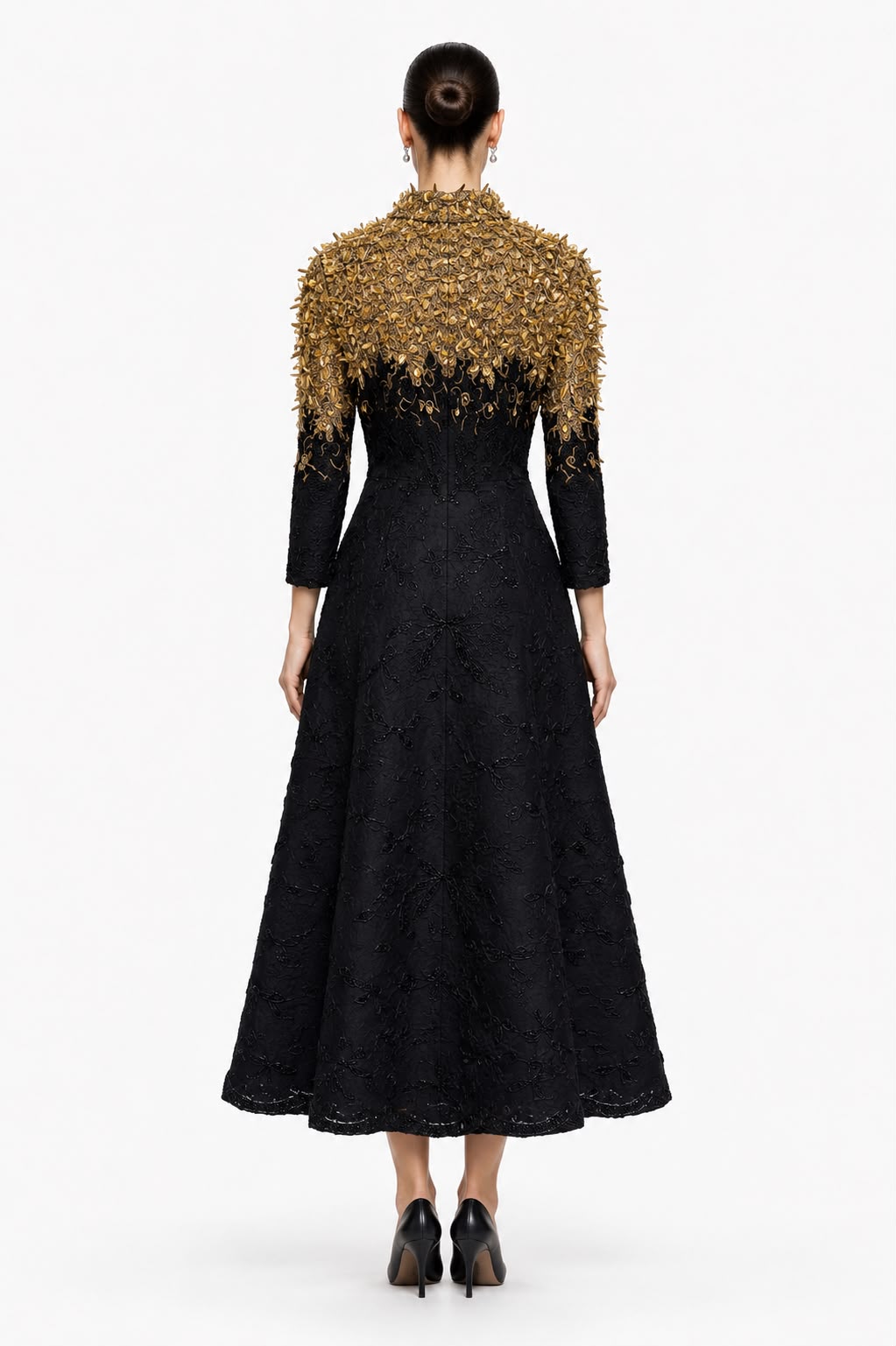 Black & Gold Embellished Tea-Length Dress - back