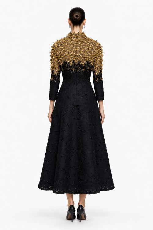 Black & Gold Embellished Tea-Length Dress - back